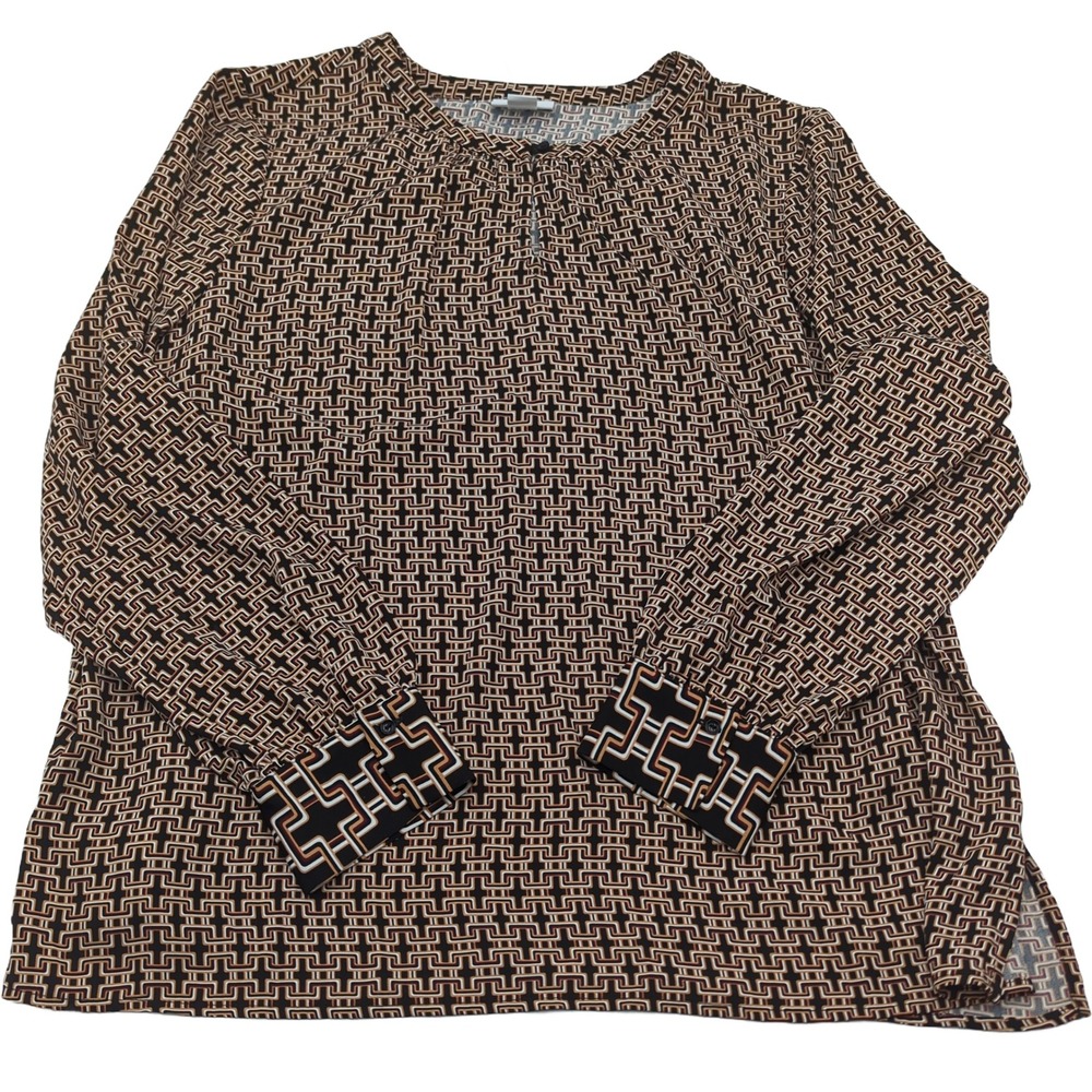 Liz Claiborne Womens XL Geometric Print Keyhole Blouse Black Tan Long Sleeve